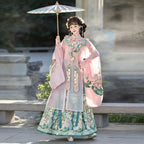 Ming Dynasty Hanfu Set Women - Soft Lotus Pink & Emerald Green Embroidered Standing Collar Robe (Changshan), Cloud Collar (Yunjian) & Horse-Face Skirt (Mamianqun) Set