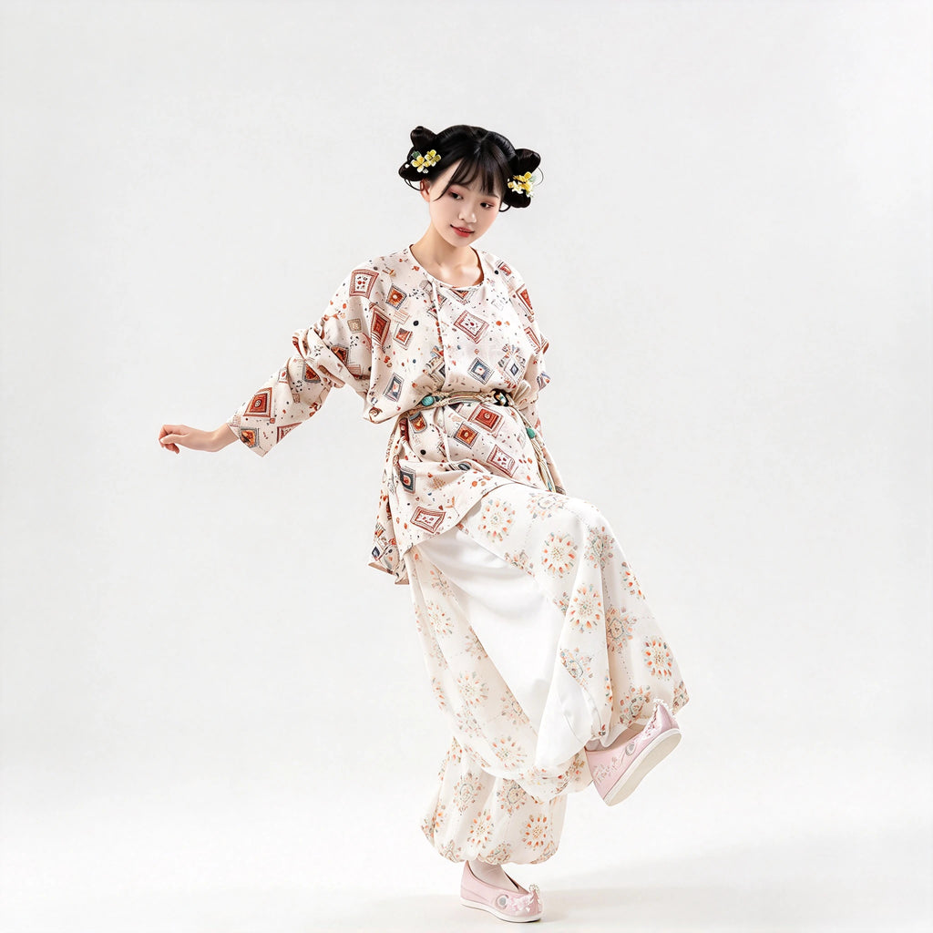 Tang Hanfu Set Damen – Bedrucktes Oberteil mit Kreuzkragen Weite Pluderhose, Elegantes Traditionelles Gewand für Cosplay & Alltag