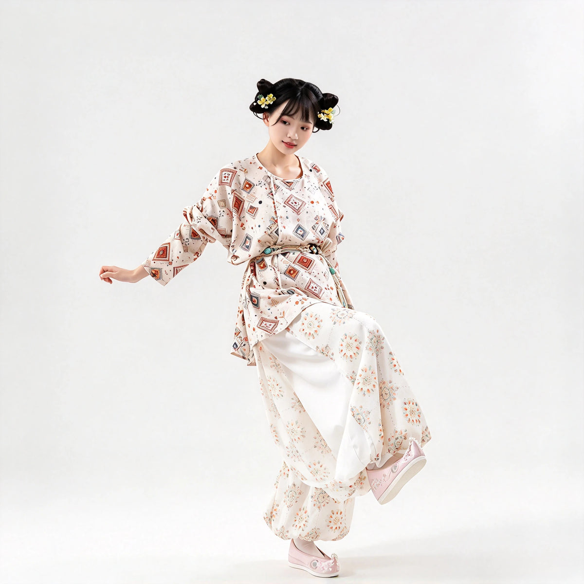 Tang Hanfu Set Damen – Bedrucktes Oberteil mit Kreuzkragen Weite Pluderhose, Elegantes Traditionelles Gewand für Cosplay & Alltag