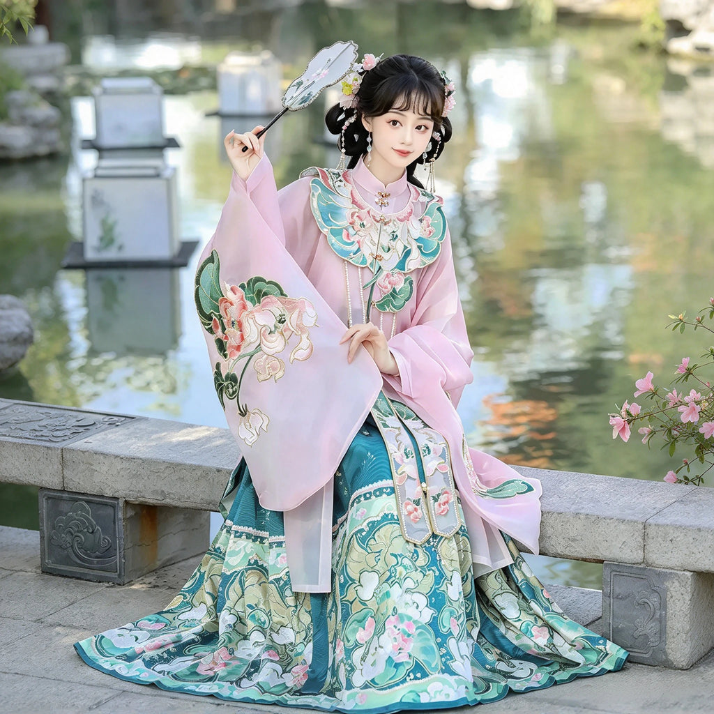 Ming Dynasty Hanfu Set Women - Soft Lotus Pink & Emerald Green Embroidered Standing Collar Robe (Changshan), Cloud Collar (Yunjian) & Horse-Face Skirt (Mamianqun) Set