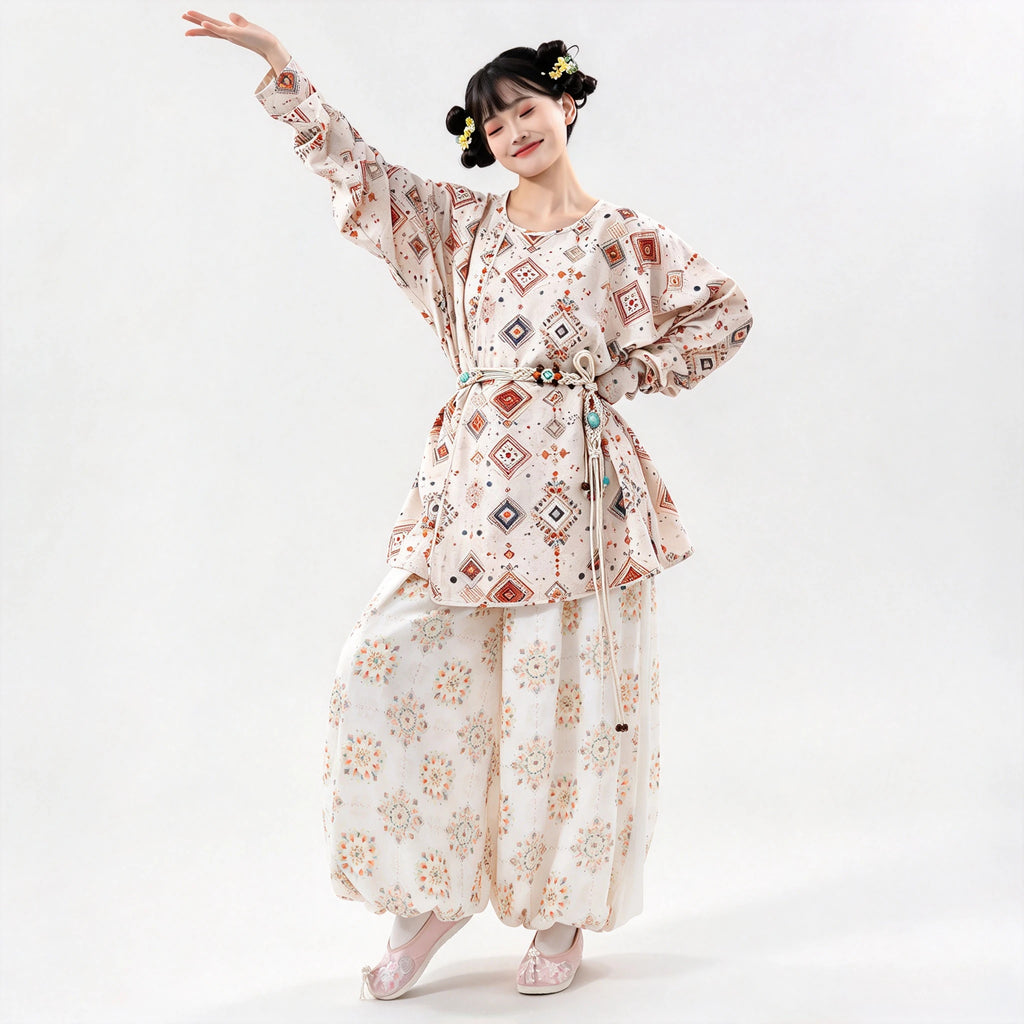 Tang Hanfu Set Damen – Bedrucktes Oberteil mit Kreuzkragen Weite Pluderhose, Elegantes Traditionelles Gewand für Cosplay & Alltag