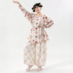 Tang Hanfu Set Damen – Bedrucktes Oberteil mit Kreuzkragen Weite Pluderhose, Elegantes Traditionelles Gewand für Cosplay & Alltag