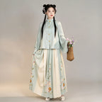 Ming Dynasty Hanfu Set Women - Mint Green & Cream White Standing Collar Shirt (Liling Shan) with Bunny Floral Pleated Horse-Face Skirt (Mamianqun)