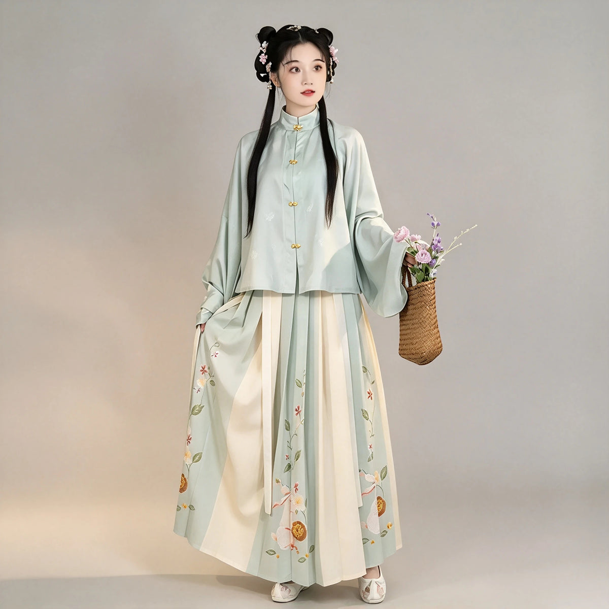 Ming Dynasty Hanfu Set Women - Mint Green & Cream White Standing Collar Shirt (Liling Shan) with Bunny Floral Pleated Horse-Face Skirt (Mamianqun)