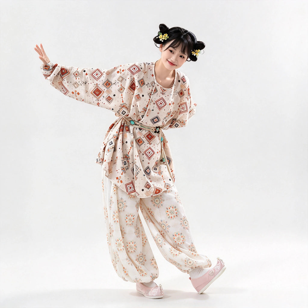Tang Hanfu Set Damen – Bedrucktes Oberteil mit Kreuzkragen Weite Pluderhose, Elegantes Traditionelles Gewand für Cosplay & Alltag
