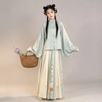Ming Dynasty Hanfu Set Women - Mint Green & Cream White Standing Collar Shirt (Liling Shan) with Bunny Floral Pleated Horse-Face Skirt (Mamianqun)