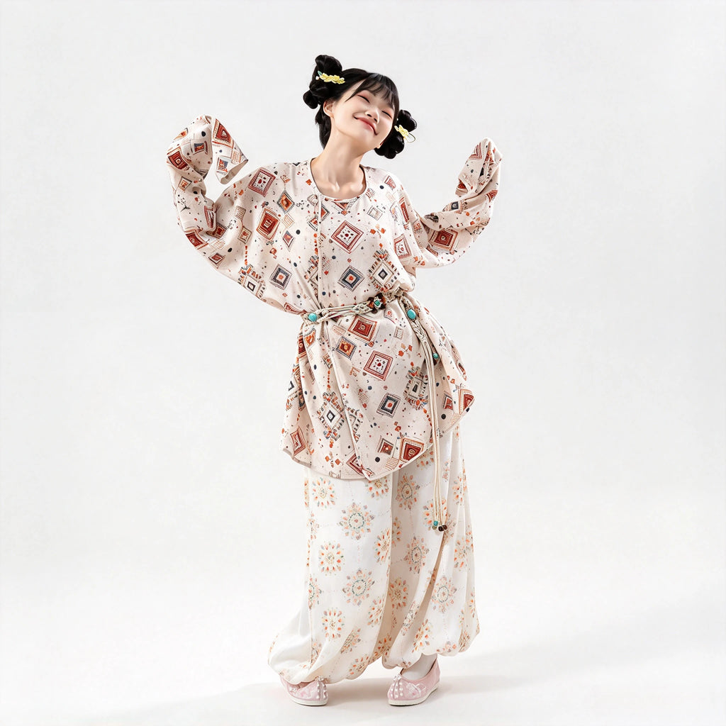 Tang Hanfu Set Damen – Bedrucktes Oberteil mit Kreuzkragen Weite Pluderhose, Elegantes Traditionelles Gewand für Cosplay & Alltag