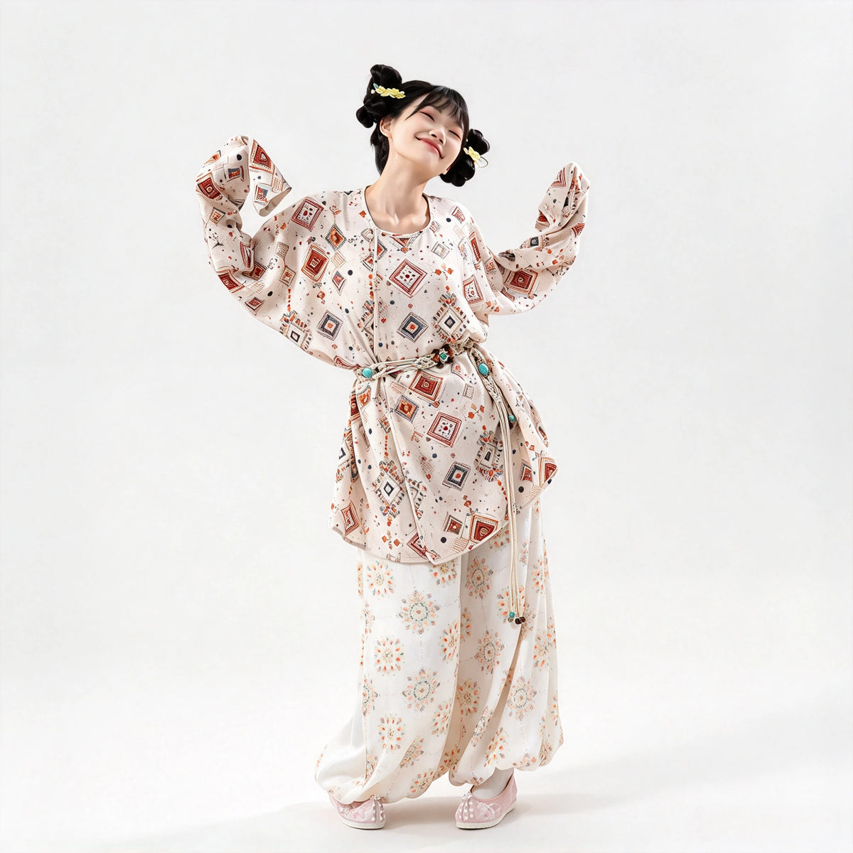 Tang Hanfu Set Damen – Bedrucktes Oberteil mit Kreuzkragen Weite Pluderhose, Elegantes Traditionelles Gewand für Cosplay & Alltag