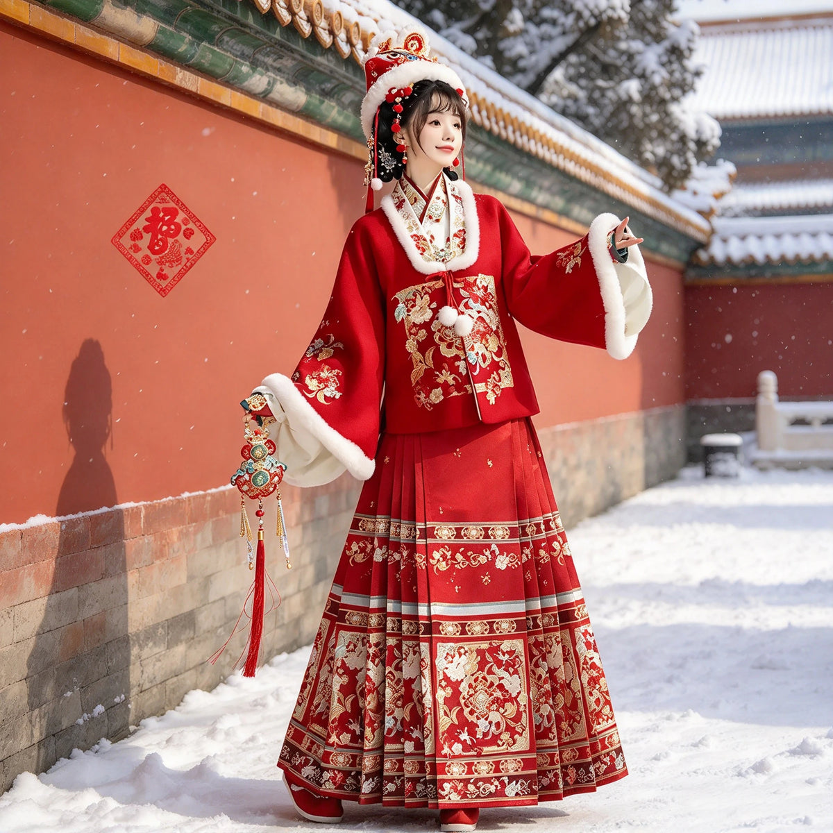 Ming Dynasty Hanfu Set Women - Crimson Red & Pearl Gold Winter Fur-Trimmed Standing Collar Jacket (Ao) & Horse-Face Skirt (Mamianqun) Set
