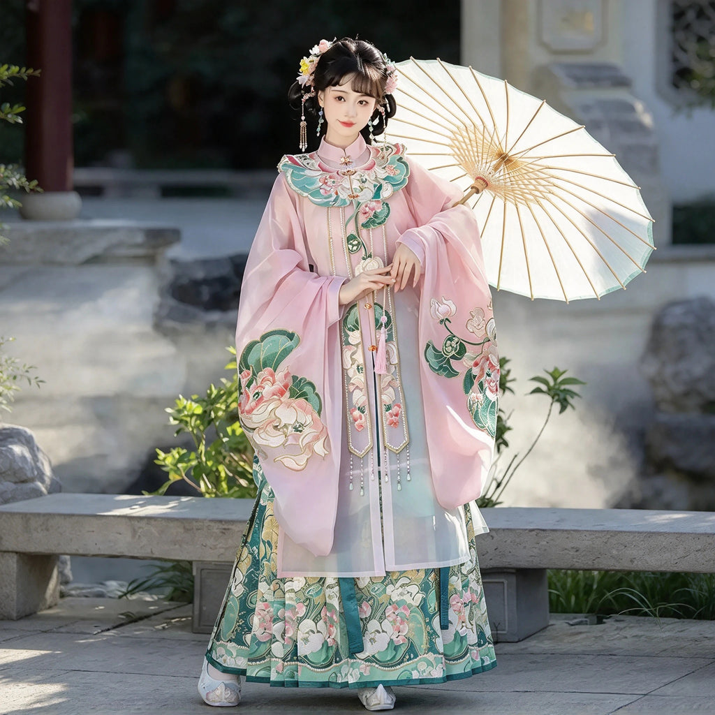 Ming Dynasty Hanfu Set Women - Soft Lotus Pink & Emerald Green Embroidered Standing Collar Robe (Changshan), Cloud Collar (Yunjian) & Horse-Face Skirt (Mamianqun) Set