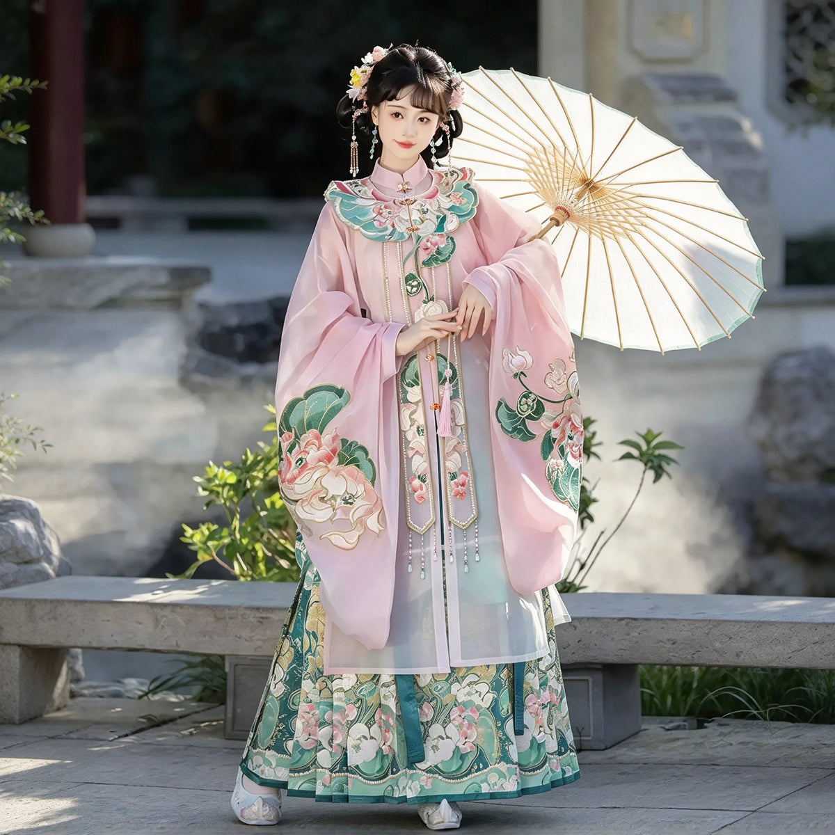 Ming Dynasty Hanfu Set Women - Soft Lotus Pink & Emerald Green Embroidered Standing Collar Robe (Changshan), Cloud Collar (Yunjian) & Horse-Face Skirt (Mamianqun) Set