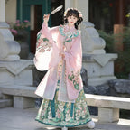 Ming Dynasty Hanfu Set Women - Soft Lotus Pink & Emerald Green Embroidered Standing Collar Robe (Changshan), Cloud Collar (Yunjian) & Horse-Face Skirt (Mamianqun) Set