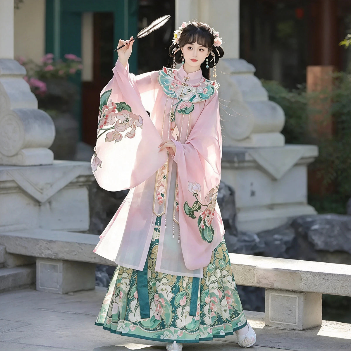 Ming Dynasty Hanfu Set Women - Soft Lotus Pink & Emerald Green Embroidered Standing Collar Robe (Changshan), Cloud Collar (Yunjian) & Horse-Face Skirt (Mamianqun) Set