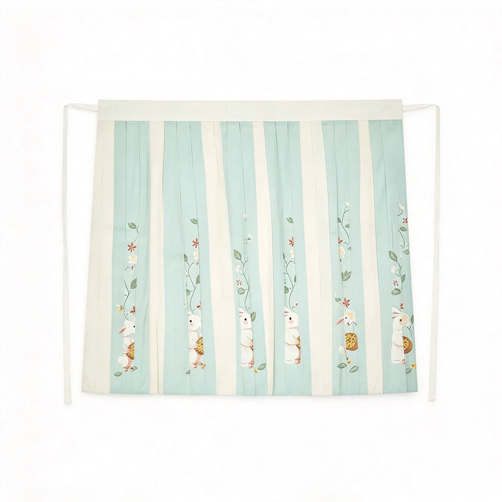 Ming Dynasty Hanfu Set Women - Mint Green & Cream White Standing Collar Shirt (Liling Shan) with Bunny Floral Pleated Horse-Face Skirt (Mamianqun)