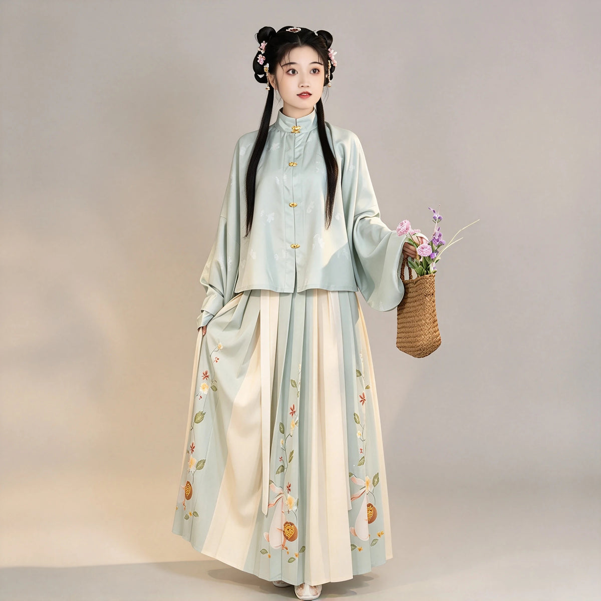 Ming Dynasty Hanfu Set Women - Mint Green & Cream White Standing Collar Shirt (Liling Shan) with Bunny Floral Pleated Horse-Face Skirt (Mamianqun)
