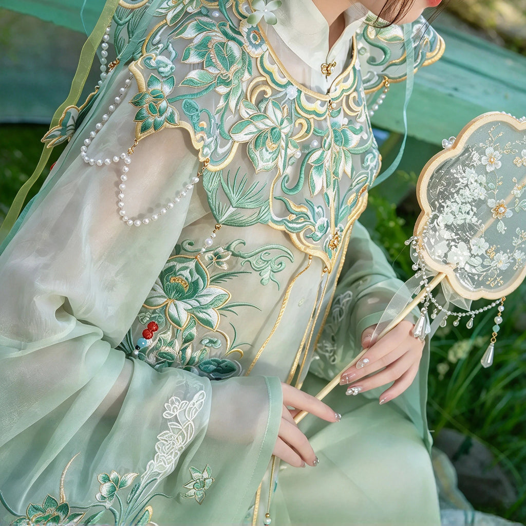 Ming Dynasty Hanfu Set Women - Jade Green & Pearl White Embroidered Standing Collar Shirt (Liling Shan), Cloud Collar (Yunjian) & Horse-Face Skirt (Mamianqun) Set