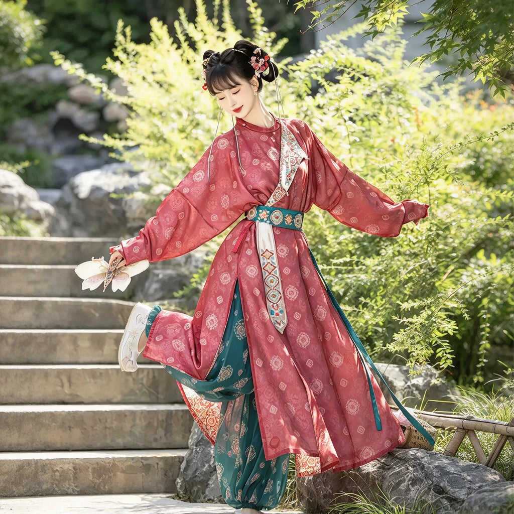 Tang Dynasty Style Hanfu Dress Women - Rose Pink & Teal Green Lapel Robe (Yuanlingpao) with Bloomers (Lantern Pants) Set