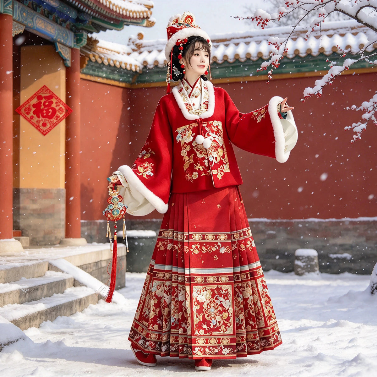 Ming Dynasty Hanfu Set Women - Crimson Red & Pearl Gold Winter Fur-Trimmed Standing Collar Jacket (Ao) & Horse-Face Skirt (Mamianqun) Set