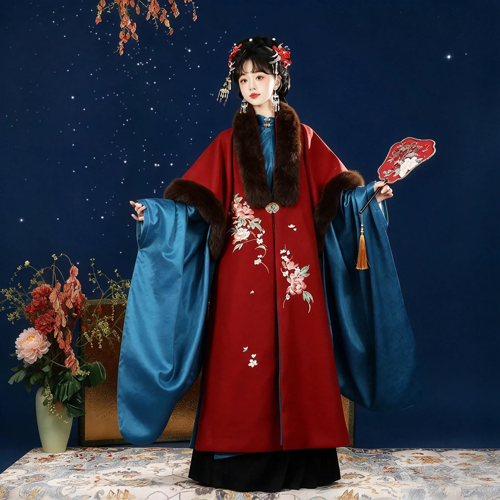 Ming Dynasty Hanfu Set Women - Crimson Red & Peacock Blue Fur-Trimmed Winter Cloak (Cape) & Wide-Sleeve Robe Se