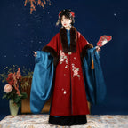 Ming Dynasty Hanfu Set Women - Crimson Red & Peacock Blue Fur-Trimmed Winter Cloak (Cape) & Wide-Sleeve Robe Se