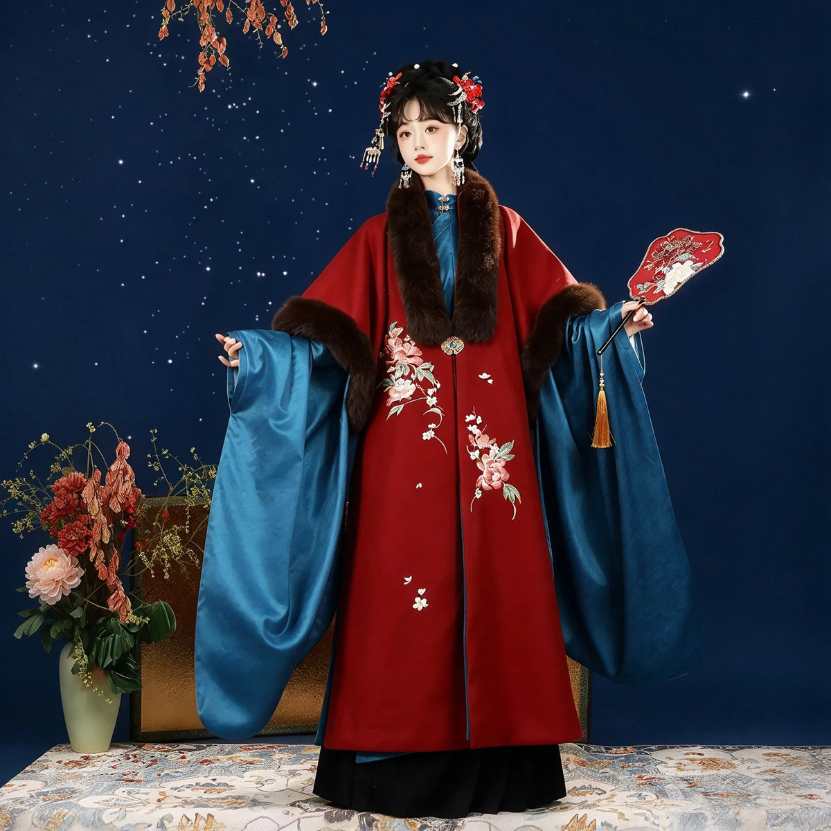 Ming Dynasty Hanfu Set Women - Crimson Red & Peacock Blue Fur-Trimmed Winter Cloak (Cape) & Wide-Sleeve Robe Se