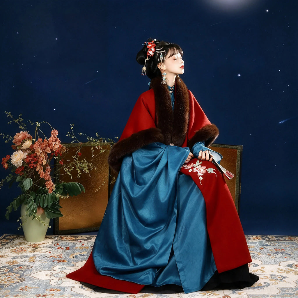 Ming Dynasty Hanfu Set Women - Crimson Red & Peacock Blue Fur-Trimmed Winter Cloak (Cape) & Wide-Sleeve Robe Se