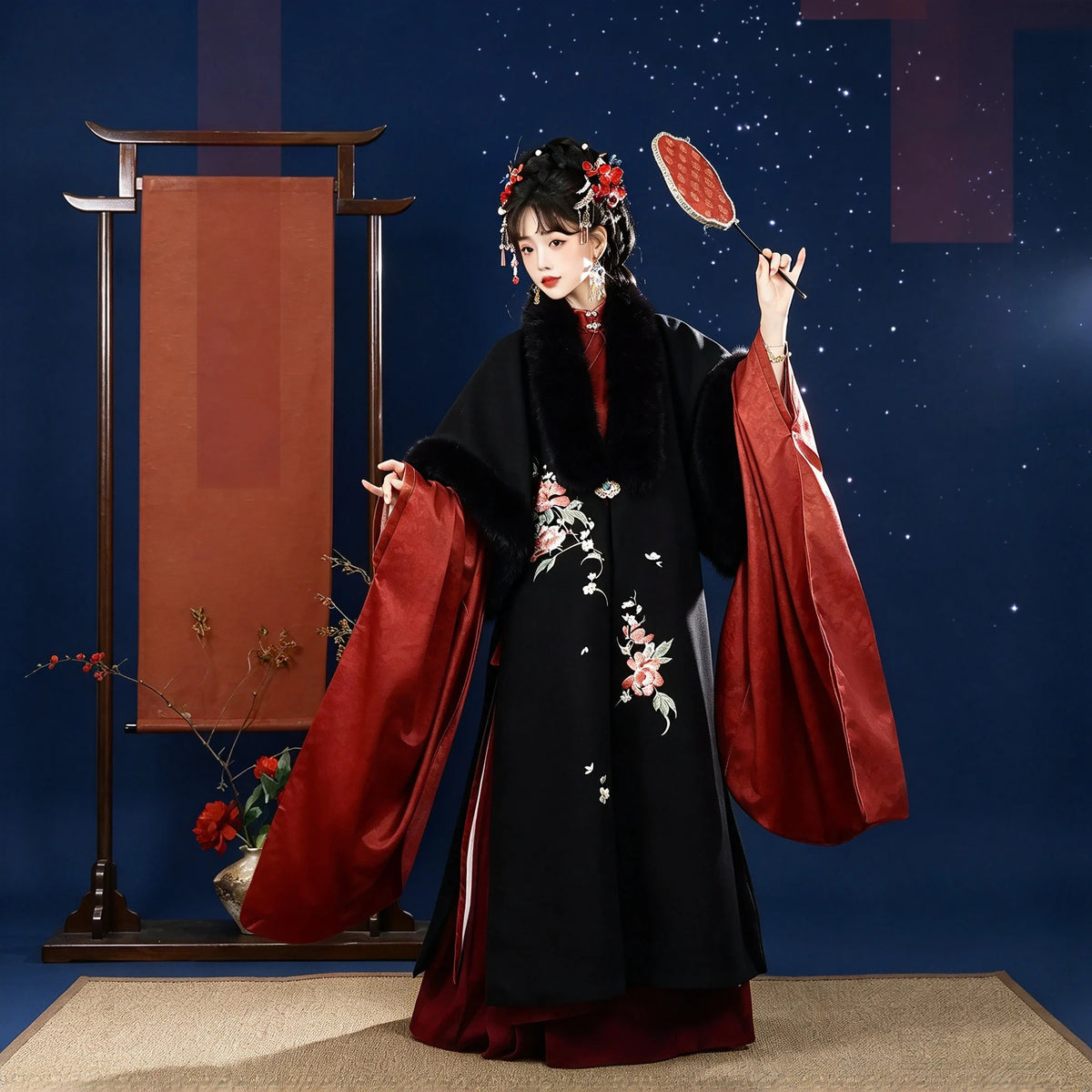 Ming Dynasty Hanfu Set Women - Midnight Black & Crimson Red Fur-Trimmed Winter Cloak (Cape) & Wide-Sleeve Robe Set