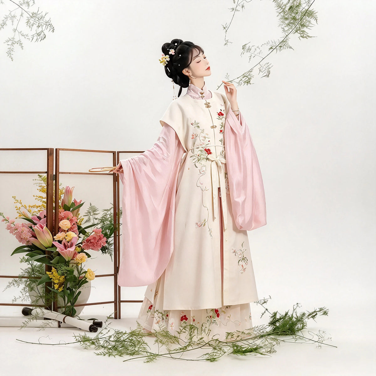 Ming Dynasty Hanfu Set Women - Cream White & Pastel Pink Embroidered Standing Collar Shirt (Liling Shan), Vest (Bijia) & Horse-Face Skirt (Mamianqun) Set