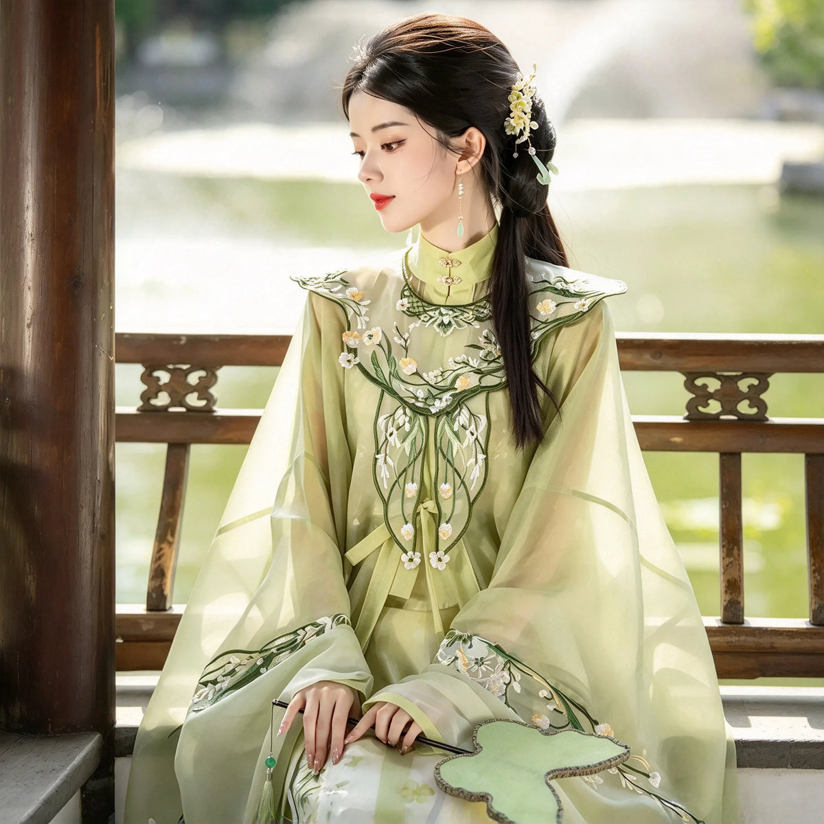 Ming Dynasty Hanfu Set Women - Light Willow Green Embroidered Cloud-Collar Standing Shirt (Liling Shan) with Pleated Skirt Se