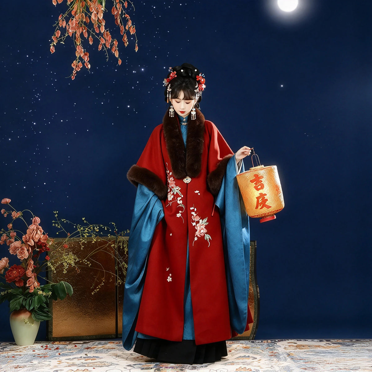 Ming Dynasty Hanfu Set Women - Crimson Red & Peacock Blue Fur-Trimmed Winter Cloak (Cape) & Wide-Sleeve Robe Se