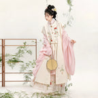 Ming Dynasty Hanfu Set Women - Cream White & Pastel Pink Embroidered Standing Collar Shirt (Liling Shan), Vest (Bijia) & Horse-Face Skirt (Mamianqun) Set