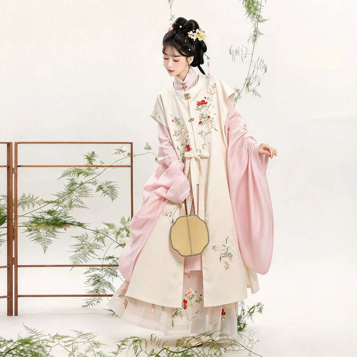 Ming Dynasty Hanfu Set Women - Cream White & Pastel Pink Embroidered Standing Collar Shirt (Liling Shan), Vest (Bijia) & Horse-Face Skirt (Mamianqun) Set