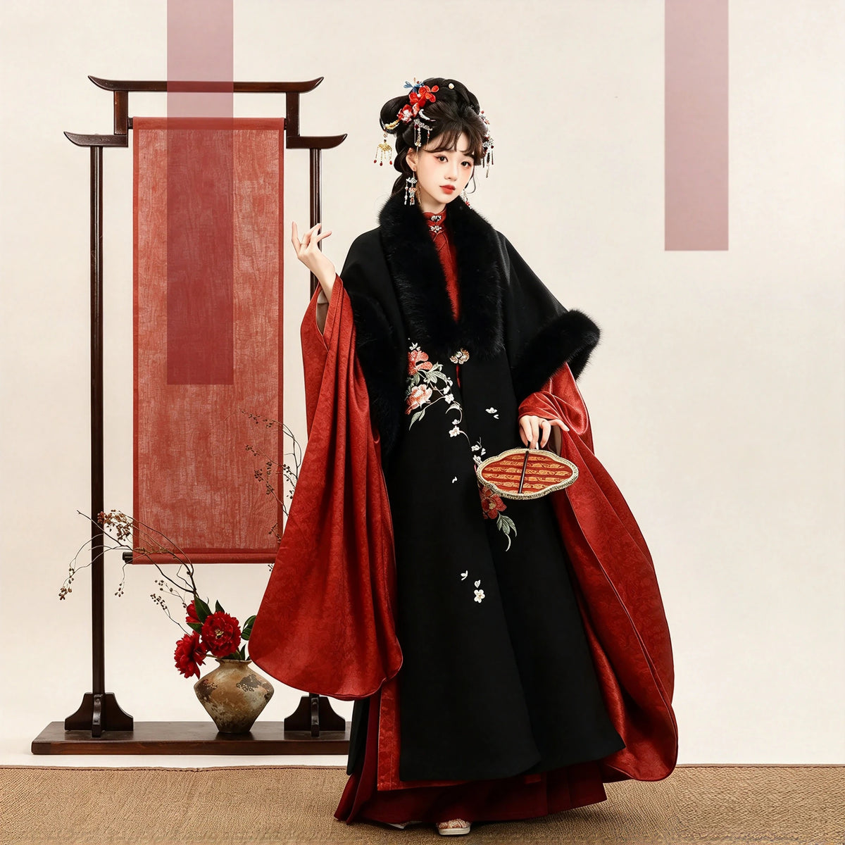 Ming Dynasty Hanfu Set Women - Midnight Black & Crimson Red Fur-Trimmed Winter Cloak (Cape) & Wide-Sleeve Robe Set