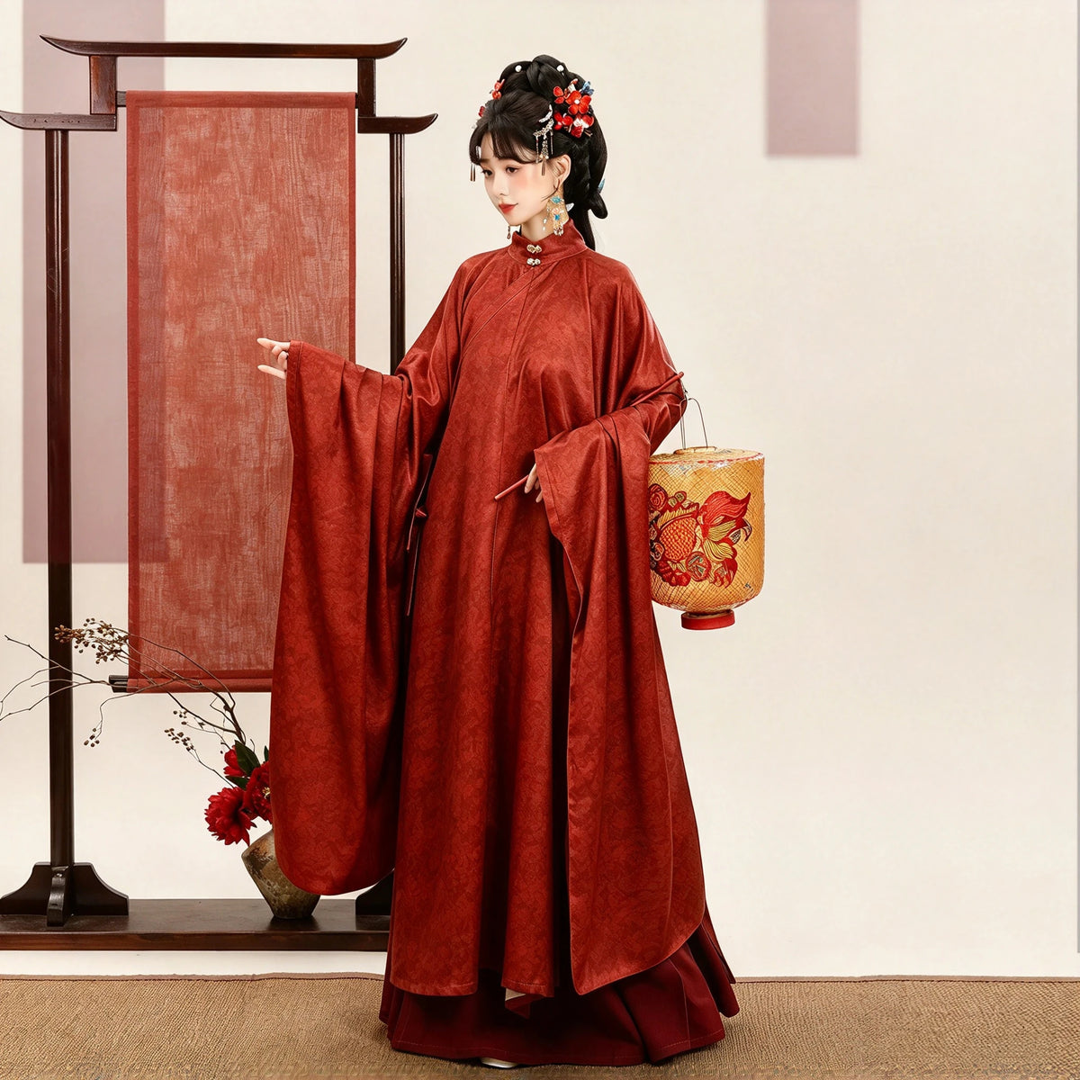 Ming Dynasty Hanfu Set Women - Midnight Black & Crimson Red Fur-Trimmed Winter Cloak (Cape) & Wide-Sleeve Robe Set