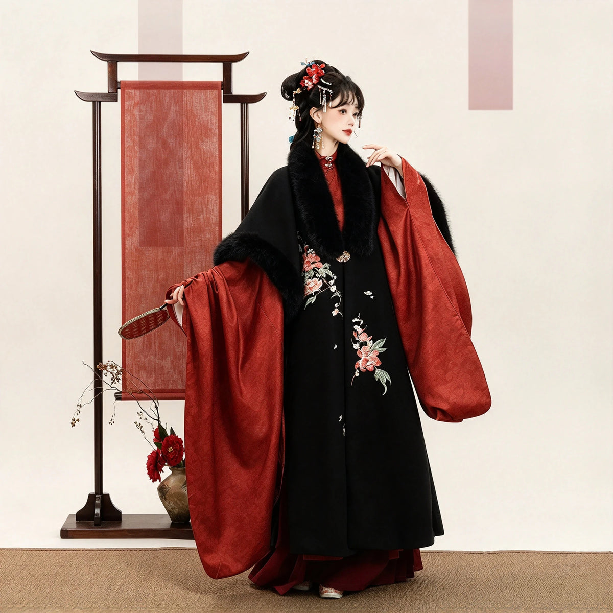 Ming Dynasty Hanfu Set Women - Midnight Black & Crimson Red Fur-Trimmed Winter Cloak (Cape) & Wide-Sleeve Robe Set