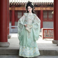 Ming Dynasty Hanfu Set Women - Jade Green & Pearl White Embroidered Standing Collar Shirt (Liling Shan), Cloud Collar (Yunjian) & Horse-Face Skirt (Mamianqun) Set