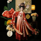 Tang Dynasty Style Hanfu Dress Women - Vermilion Red & Amber Gold Printed Wide-Sleeve Chest-Ru (Qixiong Ruqun) Set