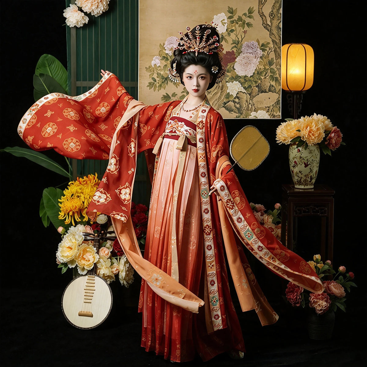 Tang Dynasty Style Hanfu Dress Women - Vermilion Red & Amber Gold Printed Wide-Sleeve Chest-Ru (Qixiong Ruqun) Set