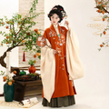 Ming Dynasty Hanfu Set Women - Terracotta Orange & Cream Beige Embroidered Long Vest (Bijia), Standing Collar Robe (Changshan) & Olive Green Horse-Face Skirt (Mamianqun) Set