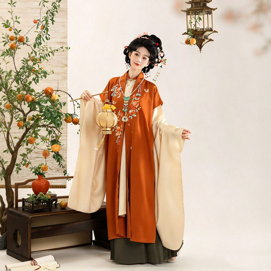 Ming Dynasty Hanfu Set Women - Terracotta Orange & Cream Beige Embroidered Long Vest (Bijia), Standing Collar Robe (Changshan) & Olive Green Horse-Face Skirt (Mamianqun) Set