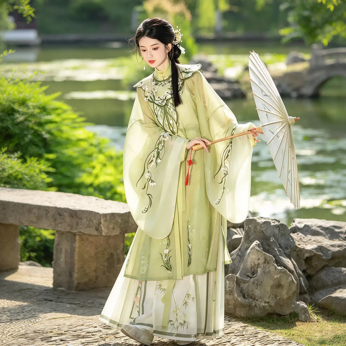 Ming Dynasty Hanfu Set Women - Light Willow Green Embroidered Cloud-Collar Standing Shirt (Liling Shan) with Pleated Skirt Se
