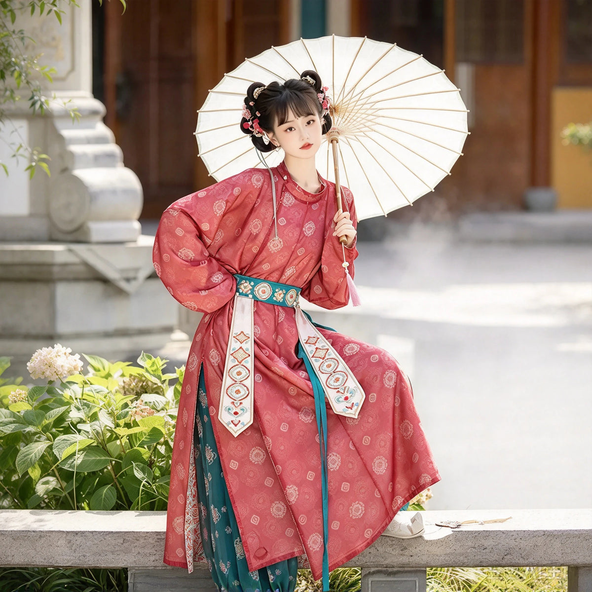 Tang Dynasty Style Hanfu Dress Women - Rose Pink & Teal Green Lapel Robe (Yuanlingpao) with Bloomers (Lantern Pants) Set