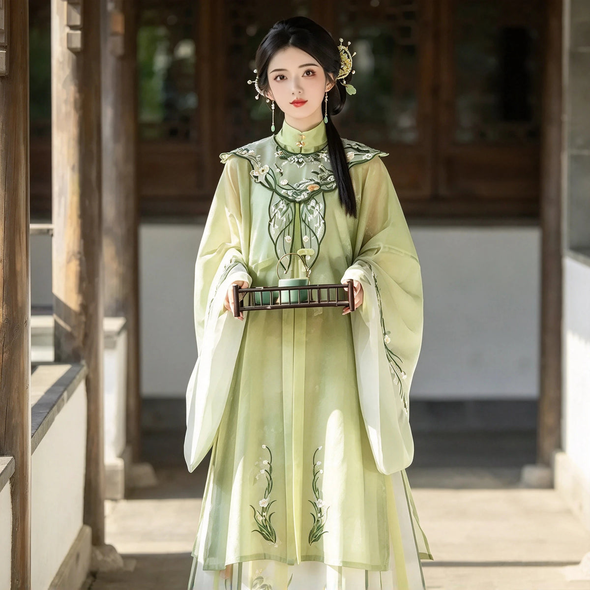 Ming Dynasty Hanfu Set Women - Light Willow Green Embroidered Cloud-Collar Standing Shirt (Liling Shan) with Pleated Skirt Se