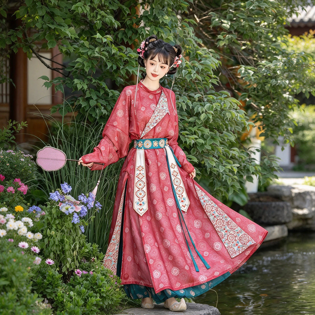 Tang Dynasty Style Hanfu Dress Women - Rose Pink & Teal Green Lapel Robe (Yuanlingpao) with Bloomers (Lantern Pants) Set