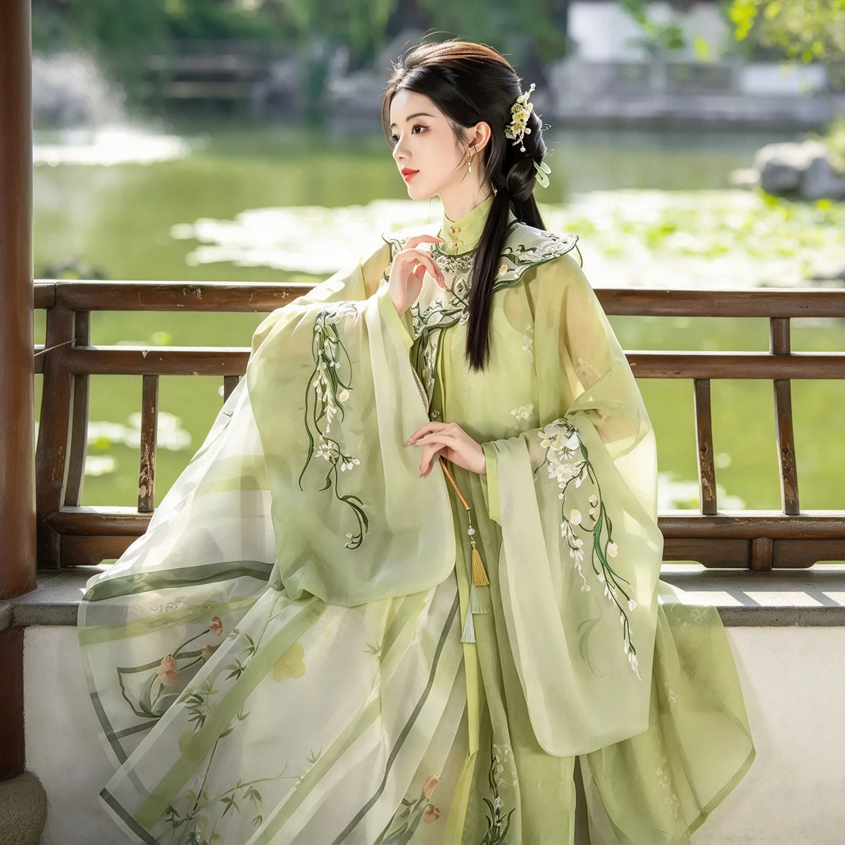 Ming Dynasty Hanfu Set Women - Light Willow Green Embroidered Cloud-Collar Standing Shirt (Liling Shan) with Pleated Skirt Se