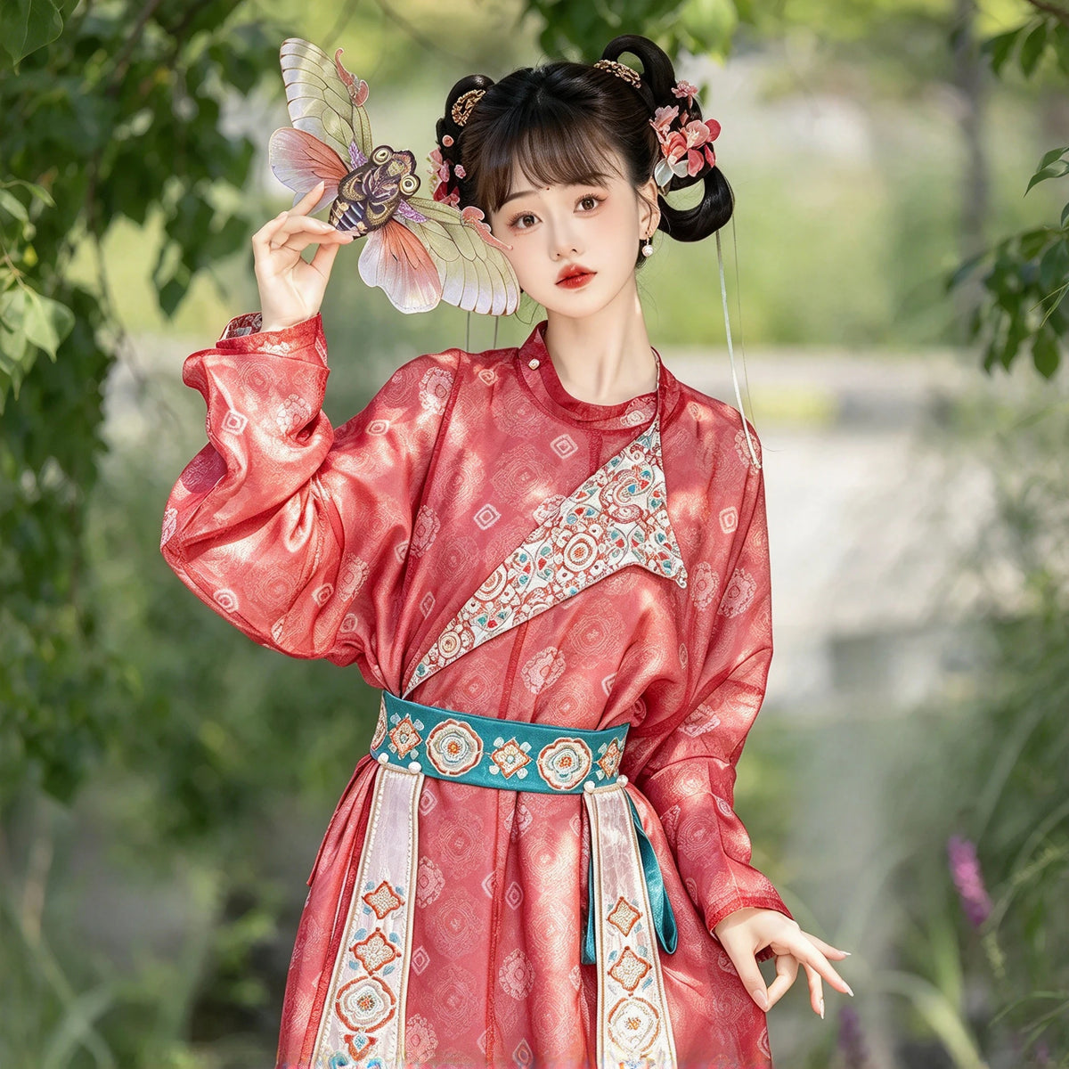 Tang Dynasty Style Hanfu Dress Women - Rose Pink & Teal Green Lapel Robe (Yuanlingpao) with Bloomers (Lantern Pants) Set