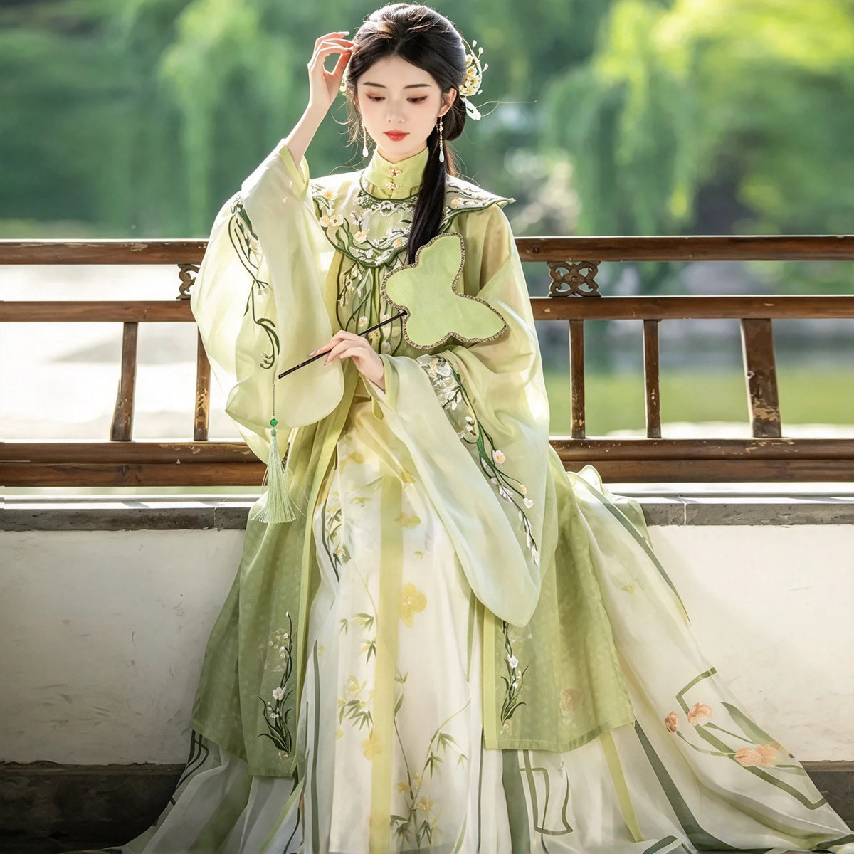 Ming Dynasty Hanfu Set Women - Light Willow Green Embroidered Cloud-Collar Standing Shirt (Liling Shan) with Pleated Skirt Se
