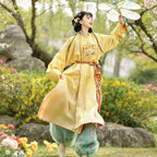 Chinesisches Hanfu Kleid Damen (Yuanlingpao Set) – Tang-Dynastie Hanfu Robe in Gelb mit Bestickung & Weiter Hose, Traditionelles Kostüm für Cosplay & Fotoshooting