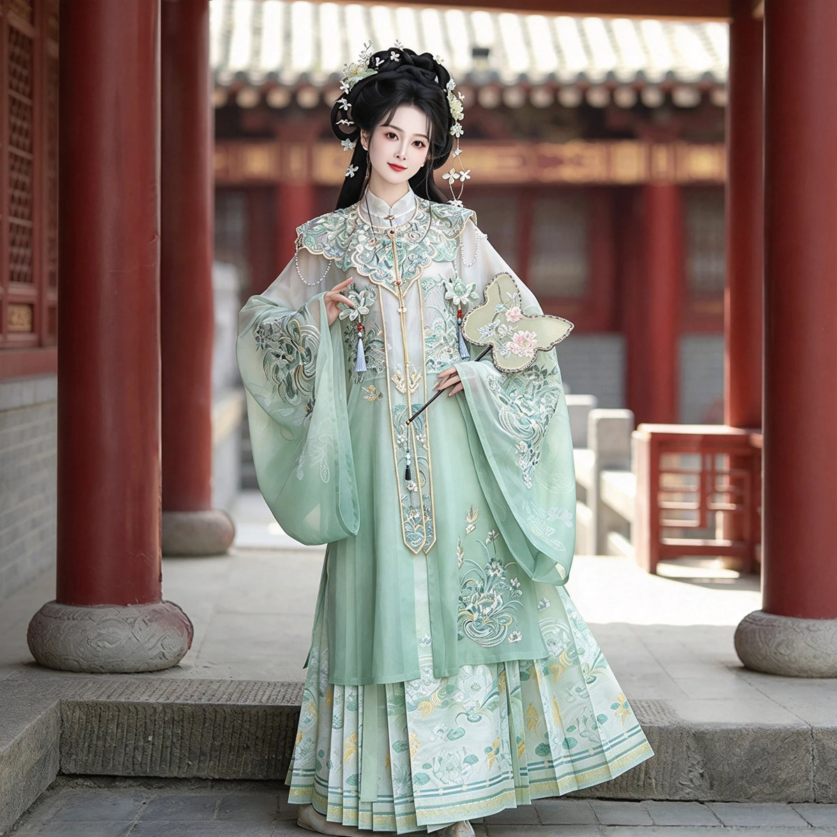 Ming Dynasty Hanfu Set Women - Jade Green & Pearl White Embroidered Standing Collar Shirt (Liling Shan), Cloud Collar (Yunjian) & Horse-Face Skirt (Mamianqun) Set