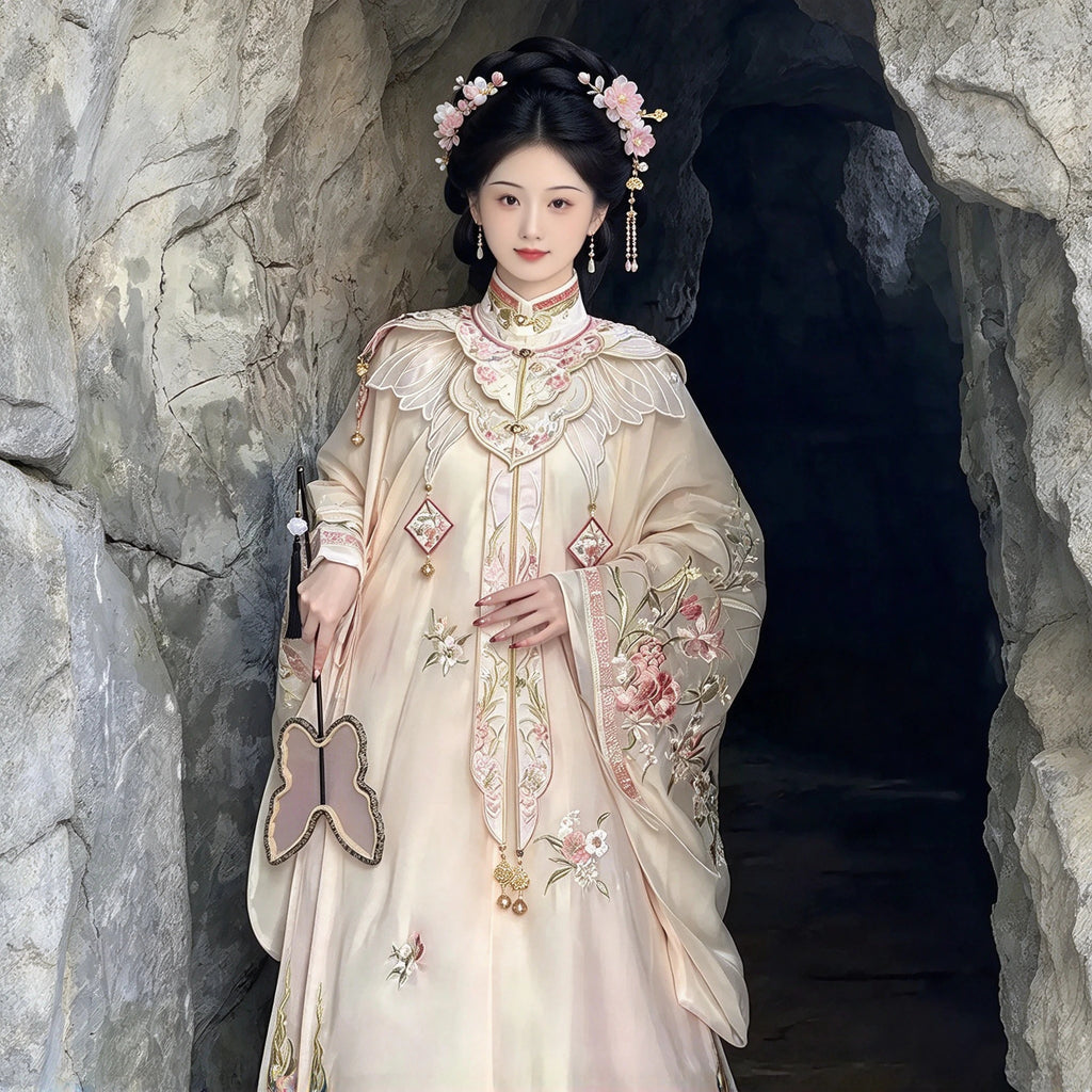 Ming Dynasty Hanfu Set Women - Soft Apricot Beige & Blush Pink Embroidered Standing Collar Robe (Changshan), Cloud Collar (Yunjian) & Horse-Face Skirt (Mamianqun) Set